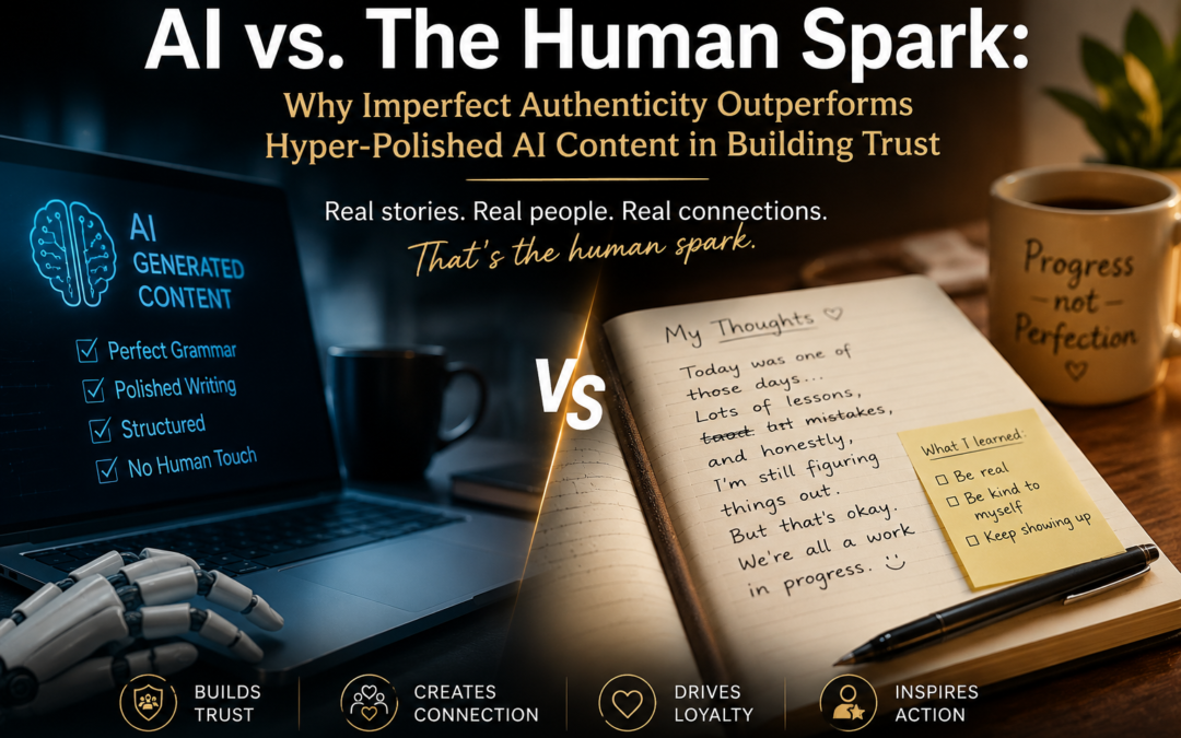 A side-by-side digital illustration contrasting AI-generated content with authentic human writing. The left side shows a laptop representing polished AI output, while the right side features a handwritten journal and coffee mug, emphasizing that genuine human experiences and natural imperfections foster stronger audience trust."